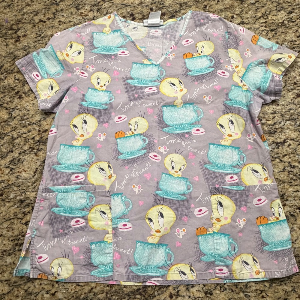 Looney Tunes Tweety Bird Scrub Top‎ Purple Tea Party V-Neck Large L Womens
